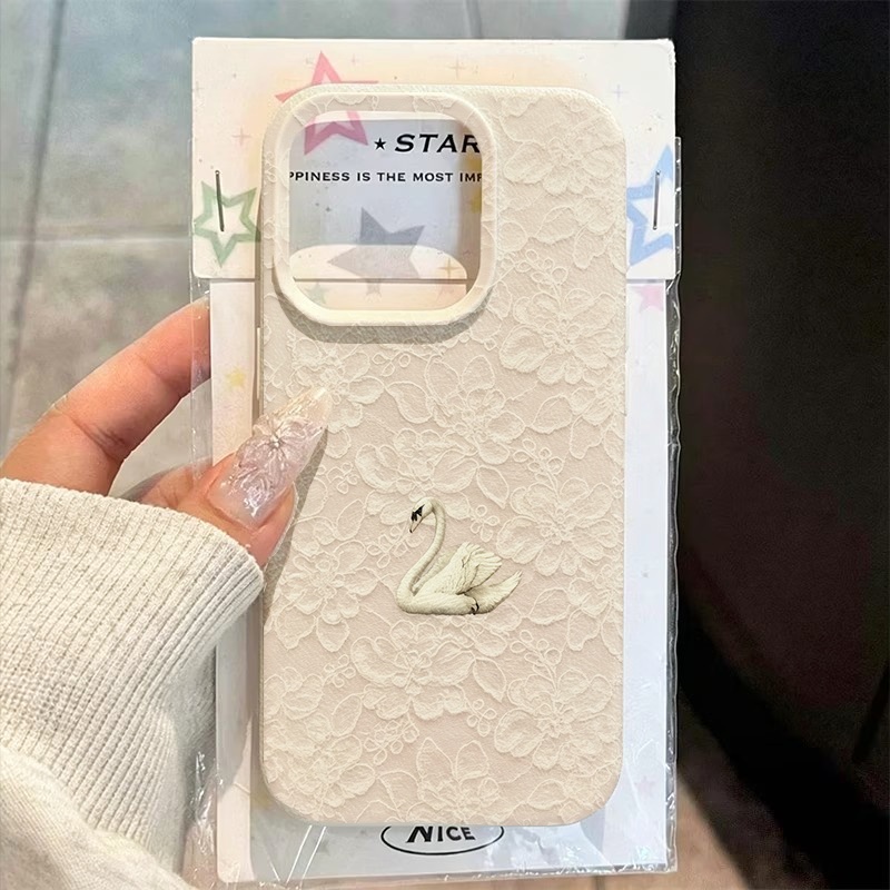 Apple Iphone 16 - เคสโทรศัพท์ลายลูกไม้ลายหงส์ ผิวสัมผัสแบบลิ้นจี่ สำหรับ iPhone 17 16
